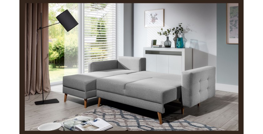 Canapé d’angle convertible HASGARD 3 places gris 248x162 cm – coffre et pieds bois