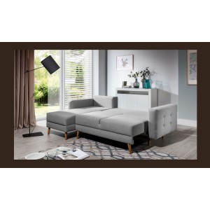 Canapé d’angle convertible HASGARD 3 places gris 248x162 cm – coffre et pieds bois