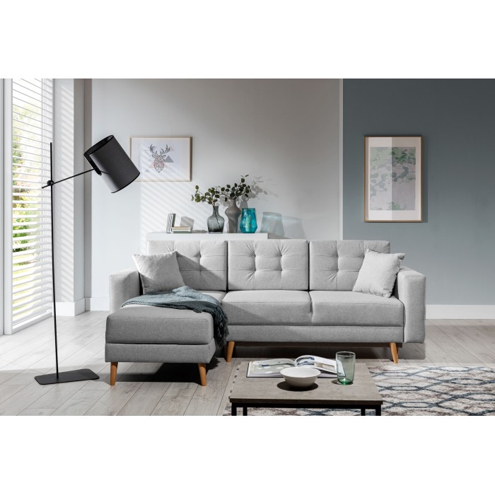 Canapé d’angle convertible HASGARD 3 places gris 248x162 cm – coffre et pieds bois