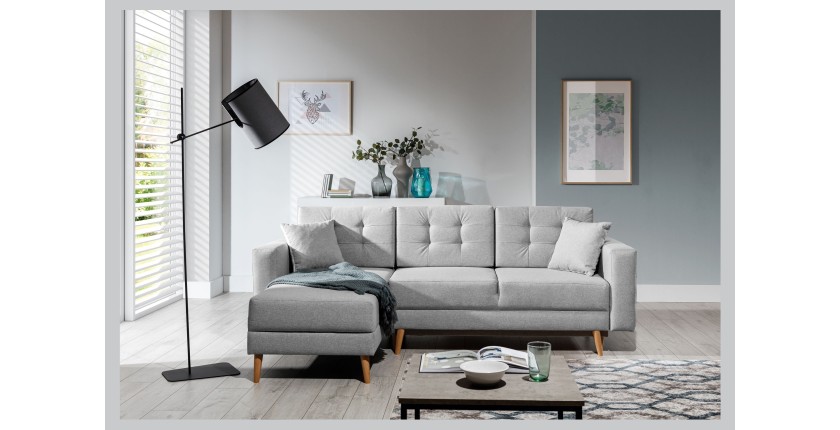Canapé d’angle convertible HASGARD 3 places gris 248x162 cm – coffre et pieds bois