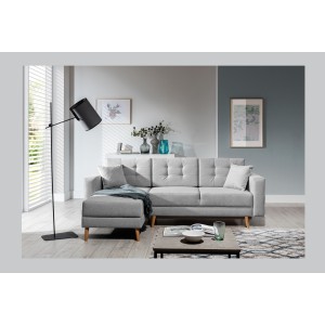 Canapé d’angle convertible HASGARD 3 places gris 248x162 cm – coffre et pieds bois