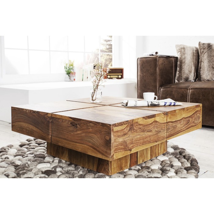 Lage tafel TOLB 70 cm in massief Sheesham hout - Vierkante design salontafel met centrale poot