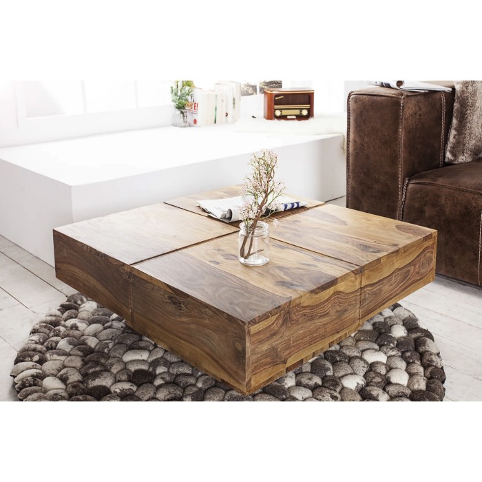 Lage tafel TOLB 70 cm in massief Sheesham hout - Vierkante design salontafel met centrale poot