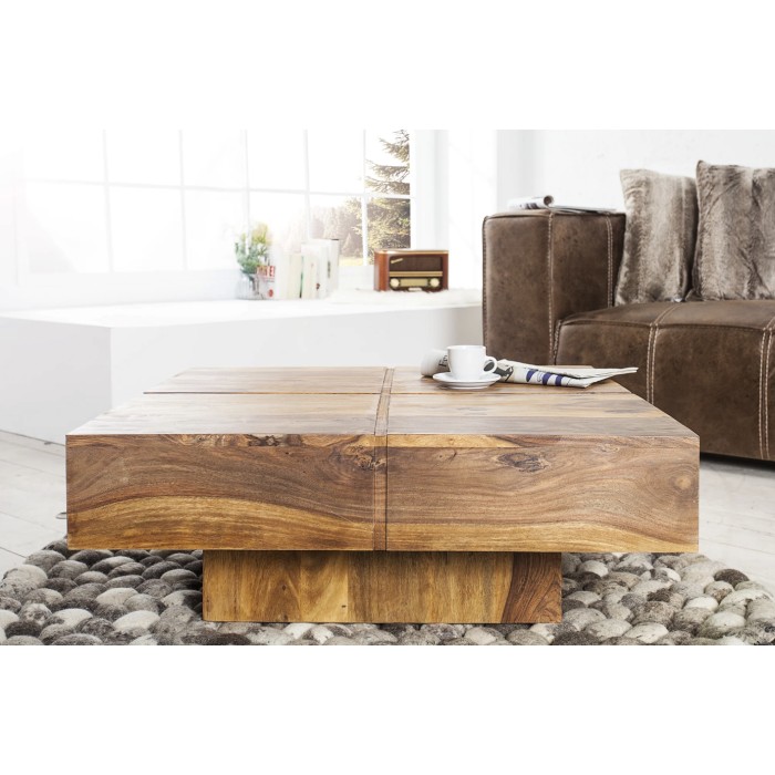 Lage tafel TOLB 70 cm in massief Sheesham hout - Vierkante design salontafel met centrale poot