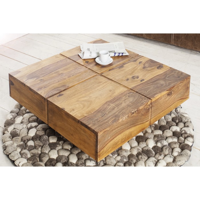Lage tafel TOLB 70 cm in massief Sheesham hout - Vierkante design salontafel met centrale poot