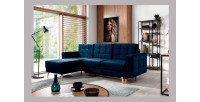 Canapé d’angle convertible HASGARD 3 places bleu foncé 248x162 cm – coffre et pieds bois