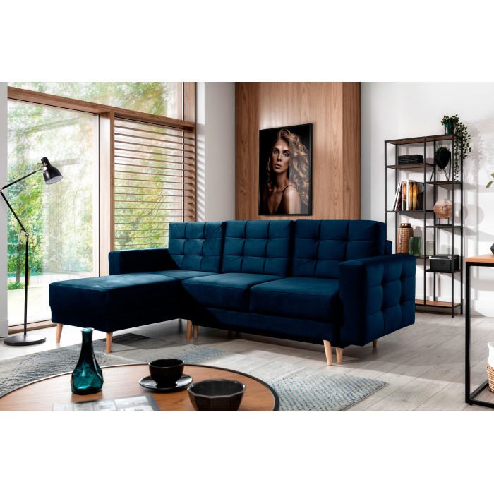 Canapé d’angle convertible HASGARD 3 places bleu foncé 248x162 cm – coffre et pieds bois