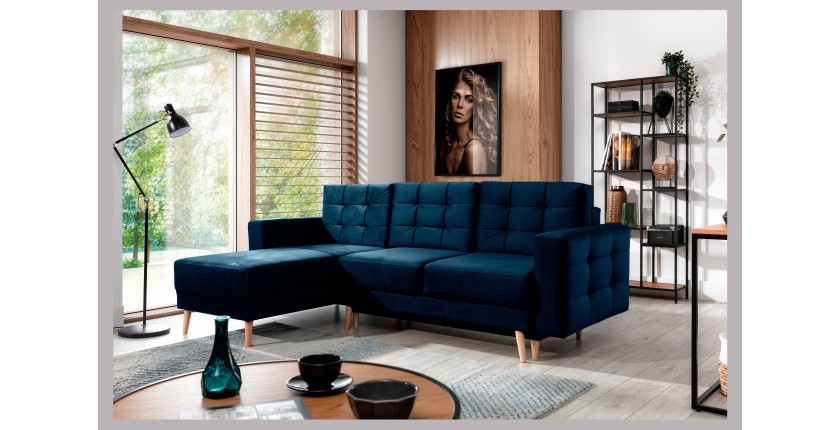 Canapé d’angle convertible HASGARD 3 places bleu foncé 248x162 cm – coffre et pieds bois