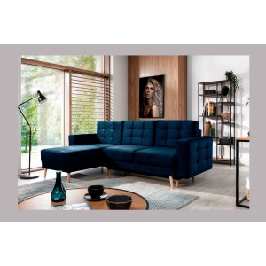 Canapé d’angle convertible HASGARD 3 places bleu foncé 248x162 cm – coffre et pieds bois