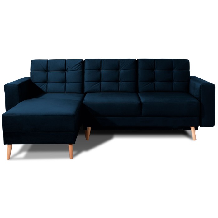 Canapé d’angle convertible HASGARD 3 places bleu foncé 248x162 cm – coffre et pieds bois