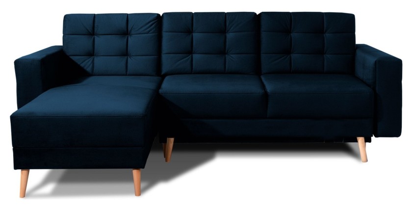 Canapé d’angle convertible HASGARD 3 places bleu foncé 248x162 cm – coffre et pieds bois