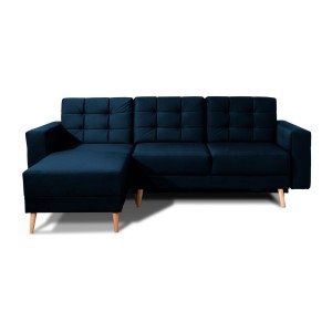Canapé d’angle convertible HASGARD 3 places bleu foncé 248x162 cm – coffre et pieds bois
