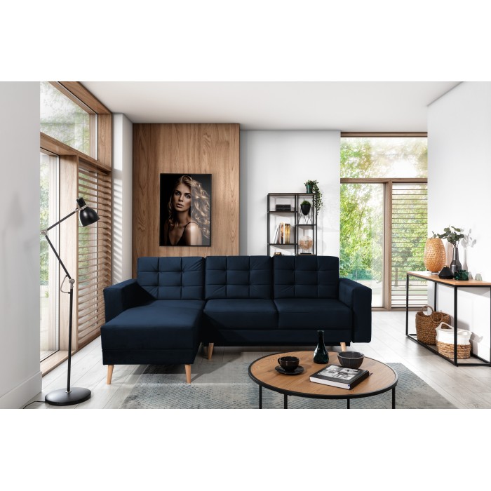 Canapé d’angle convertible HASGARD 3 places bleu foncé 248x162 cm – coffre et pieds bois