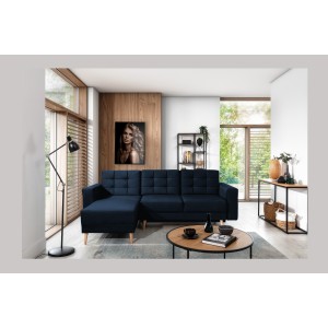 Canapé d’angle convertible HASGARD 3 places bleu foncé 248x162 cm – coffre et pieds bois