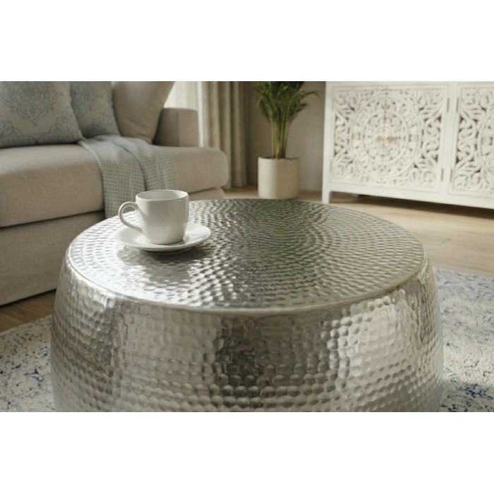 Lage tafel TRIANE 60 cm in zilver aluminium - Ronde lage tafel met gehamerd effect