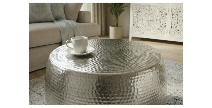Table basse TRIANE ronde argentée 60cm vue de haut rapprochée
