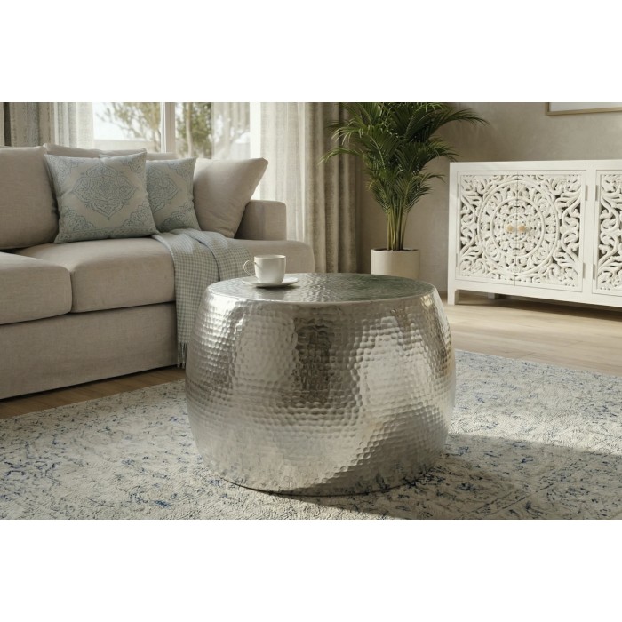 Lage tafel TRIANE 60 cm in zilver aluminium - Ronde lage tafel met gehamerd effect