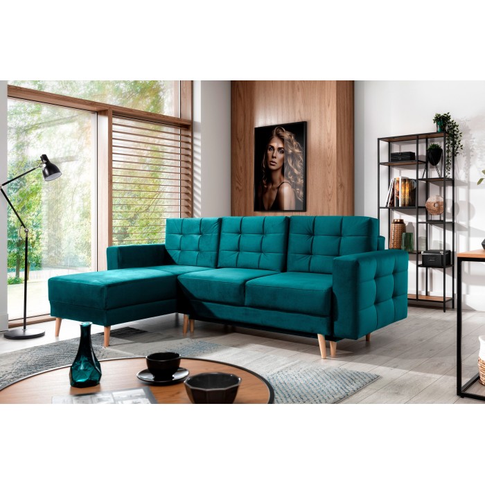 Canapé d’angle convertible HASGARD 3 places vert foncé 248x162 cm – coffre et pieds bois