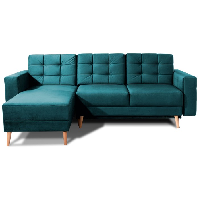 Canapé d’angle convertible HASGARD 3 places vert foncé 248x162 cm – coffre et pieds bois