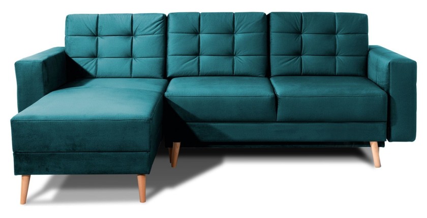 Canapé d’angle convertible HASGARD 3 places vert foncé 248x162 cm – coffre et pieds bois