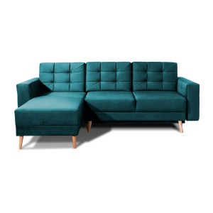 Canapé d’angle convertible HASGARD 3 places vert foncé 248x162 cm – coffre et pieds bois
