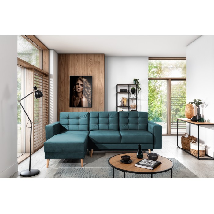 Canapé d’angle convertible HASGARD 3 places vert foncé 248x162 cm – coffre et pieds bois
