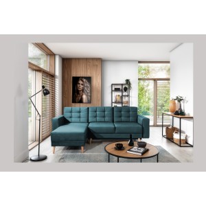 Canapé d’angle convertible HASGARD 3 places vert foncé 248x162 cm – coffre et pieds bois