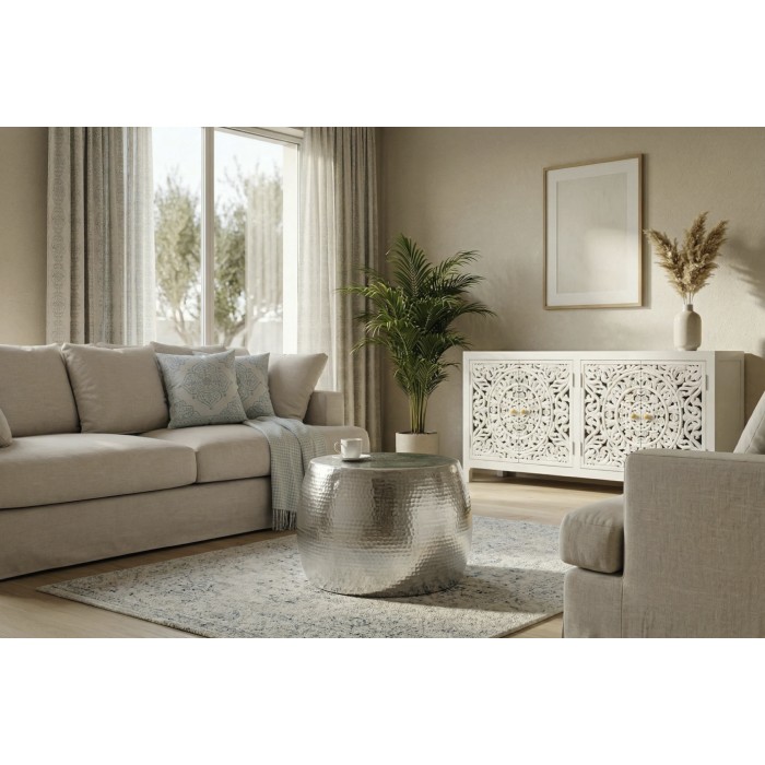 Lage tafel TRIANE 60 cm in zilver aluminium - Ronde lage tafel met gehamerd effect