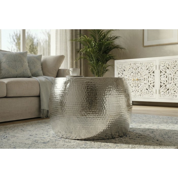 Lage tafel TRIANE 60 cm in zilver aluminium - Ronde lage tafel met gehamerd effect