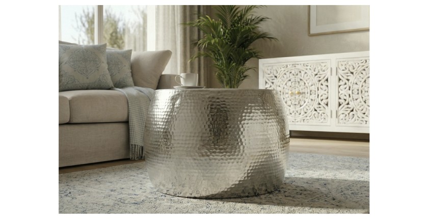 Table basse TRIANE ronde argentée 60cm mise en situation