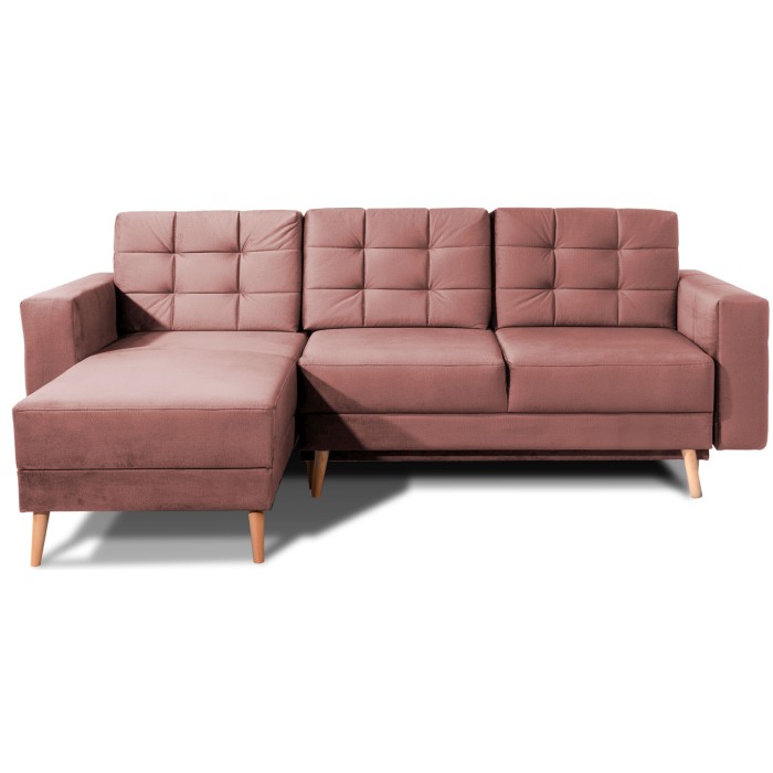 Canapé d’angle convertible HASGARD 3 places rose 248x162 cm – coffre et pieds bois