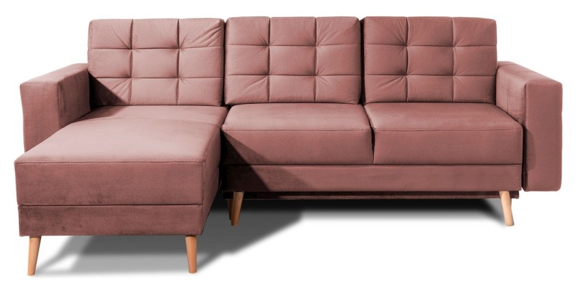 Canapé d’angle convertible HASGARD 3 places rose 248x162 cm – coffre et pieds bois