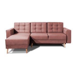 Canapé d’angle convertible HASGARD 3 places rose 248x162 cm – coffre et pieds bois