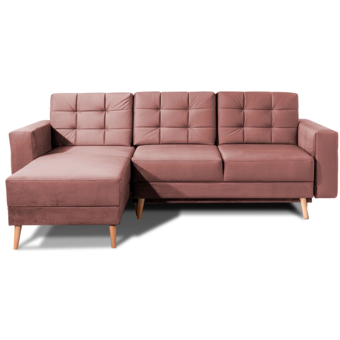 Canapé d’angle convertible HASGARD 3 places rose 248x162 cm – coffre et pieds bois