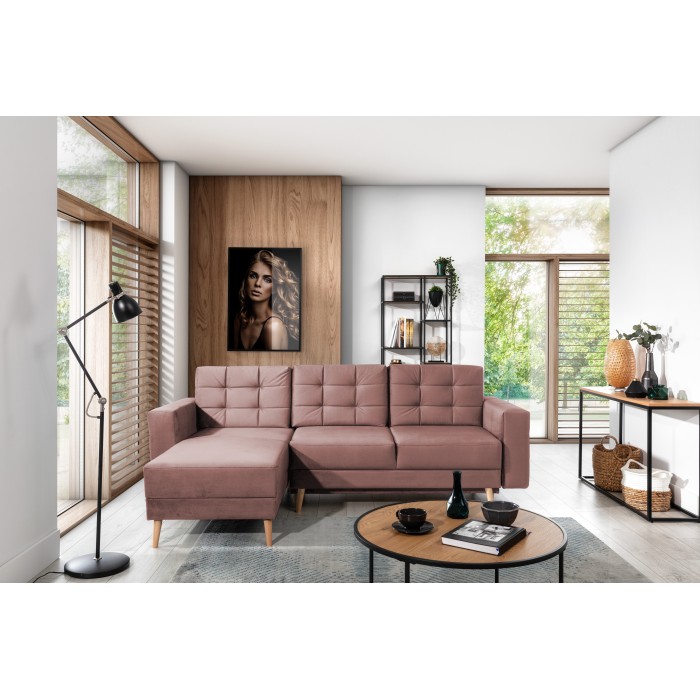 Canapé d’angle convertible HASGARD 3 places rose 248x162 cm – coffre et pieds bois