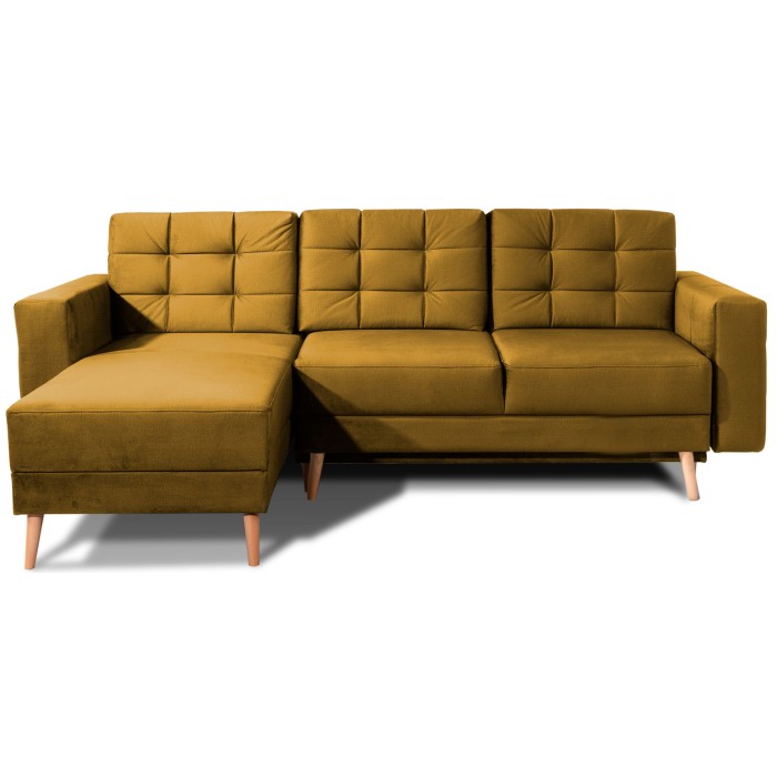 Canapé d’angle convertible HASGARD 3 places jaune 248x162 cm – coffre et pieds bois
