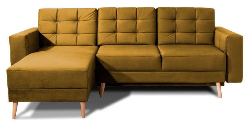 Canapé d’angle convertible HASGARD 3 places jaune 248x162 cm – coffre et pieds bois
