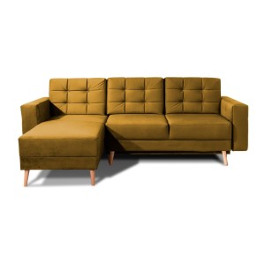 Canapé d’angle convertible HASGARD 3 places jaune 248x162 cm – coffre et pieds bois