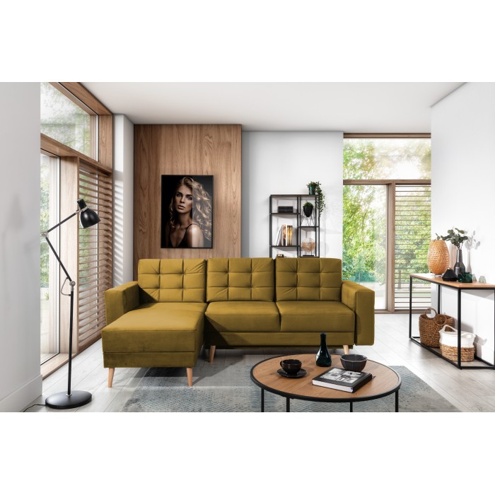 Canapé d’angle convertible HASGARD 3 places jaune 248x162 cm – coffre et pieds bois