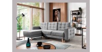 Canapé d’angle convertible HASGARD 3 places gris 248x162 cm – coffre et pieds bois