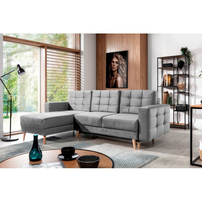 Canapé d’angle convertible HASGARD 3 places gris 248x162 cm – coffre et pieds bois