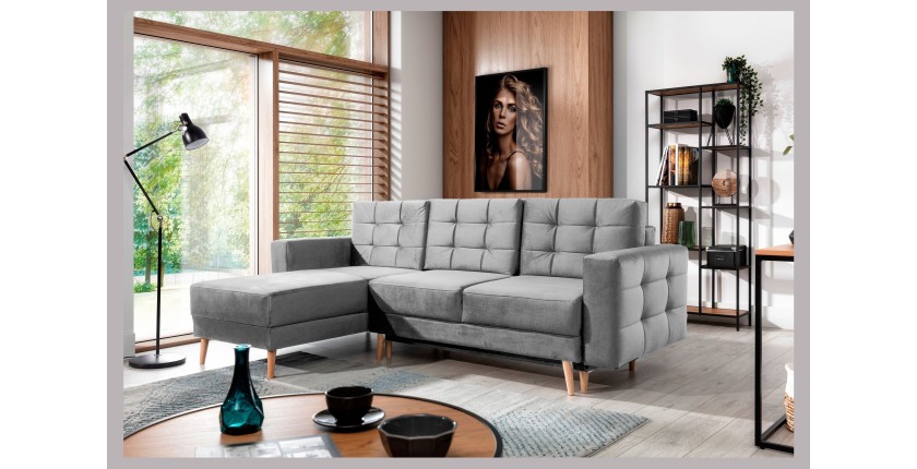 Canapé d’angle convertible HASGARD 3 places gris 248x162 cm – coffre et pieds bois
