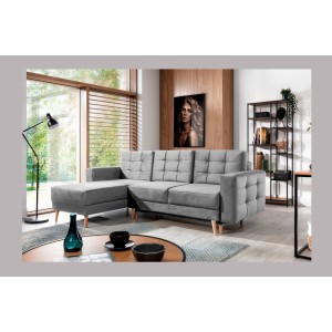 Canapé d’angle convertible HASGARD 3 places gris 248x162 cm – coffre et pieds bois