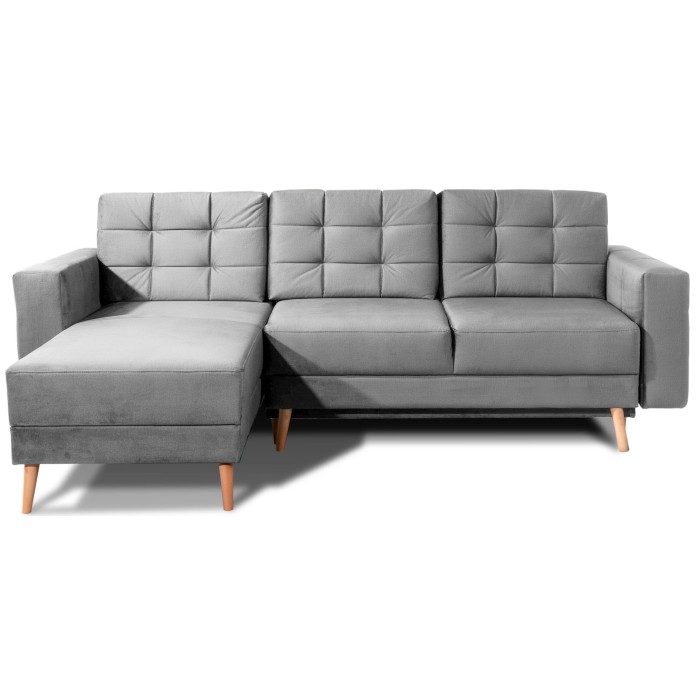 Canapé d’angle convertible HASGARD 3 places gris 248x162 cm – coffre et pieds bois