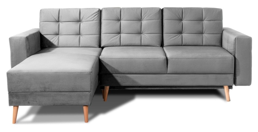 Canapé d’angle convertible HASGARD 3 places gris 248x162 cm – coffre et pieds bois