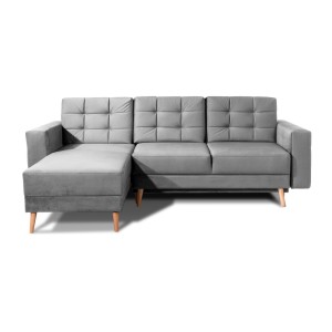 Canapé d’angle convertible HASGARD 3 places gris 248x162 cm – coffre et pieds bois
