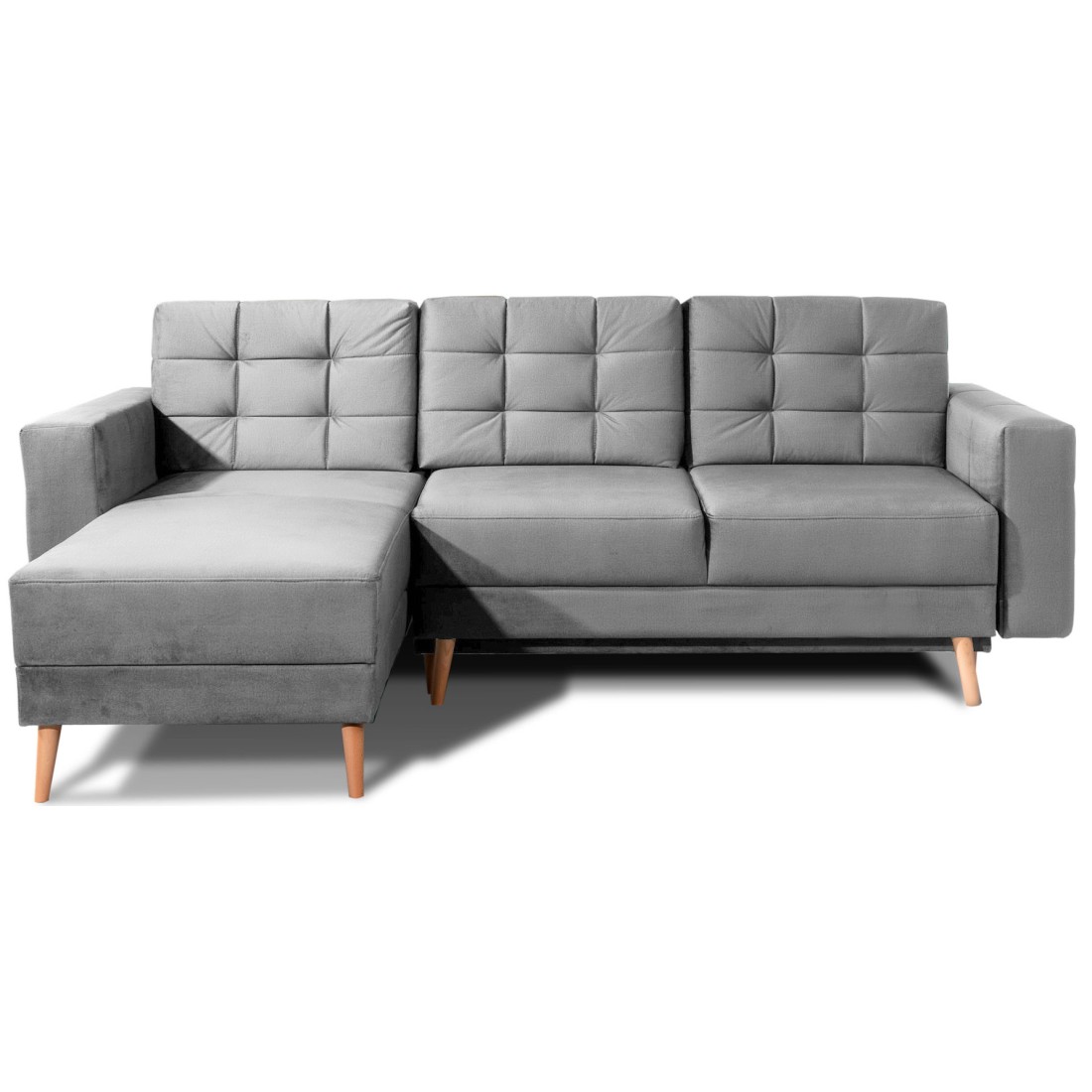 Canapé d’angle convertible HASGARD 3 places gris 248x162 cm – coffre et pieds bois