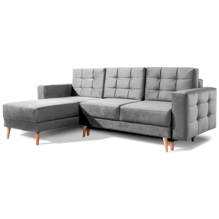 Canapé d’angle convertible HASGARD 3 places gris 248x162 cm – coffre et pieds bois