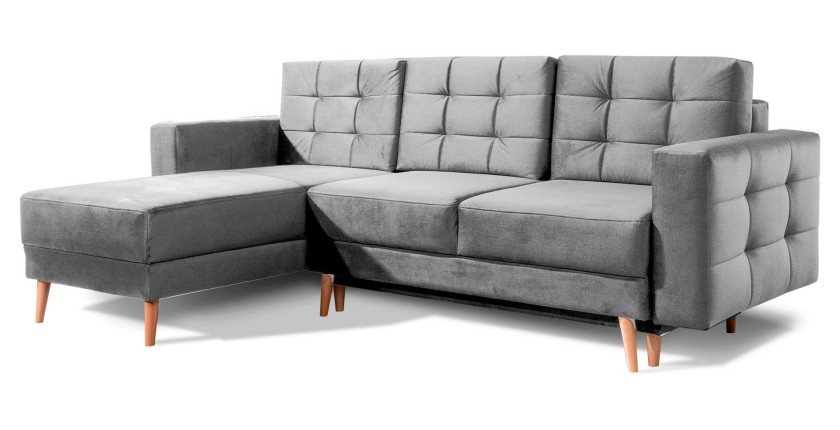 Canapé d’angle convertible HASGARD 3 places gris 248x162 cm – coffre et pieds bois