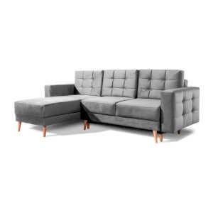 Canapé d’angle convertible HASGARD 3 places gris 248x162 cm – coffre et pieds bois